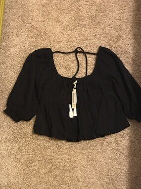 Vintage Havana Black Cropped Smocked Peasant Blouse with Tie